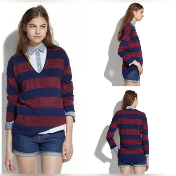 MADEWELL Deckhouse Striped Sweater Navy Blue Red Knit VNeck Wool Blends Nautical - Picture 2 of 10